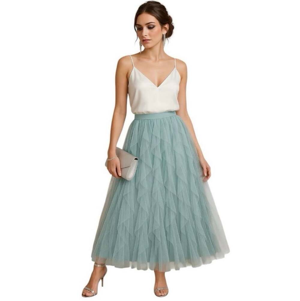 Shero Women's Seafoam Green Tiered Tulle Midi Skirt Size L